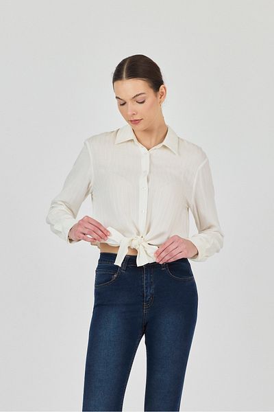 ÖNDER MODA Women's White Front Tie Long Sleeve Shirt