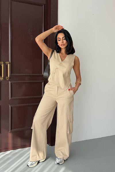 Ortaya Çık Beige Design Vest Pants Bottom Top Set