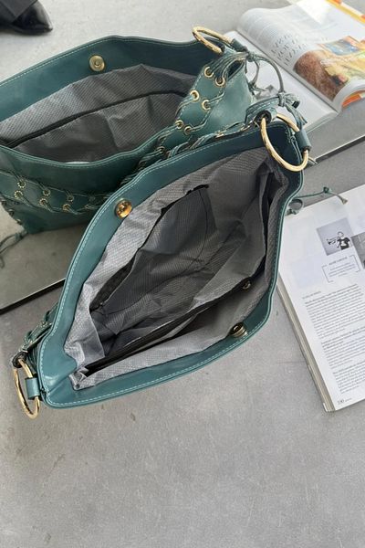LEONAS Geantă de mână și de umăr cu inele tricotate Yolanda verde petrol