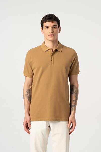 MFY Fashion 100% Cotton Pique Soft Texture Breathable Fabric Non-Curling Collar Polo Neck T-Shirt Brown