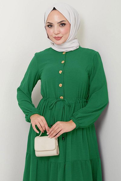 hafsamina Shirred Buttoned Ayrobin Dress Aqua Green Hm8811