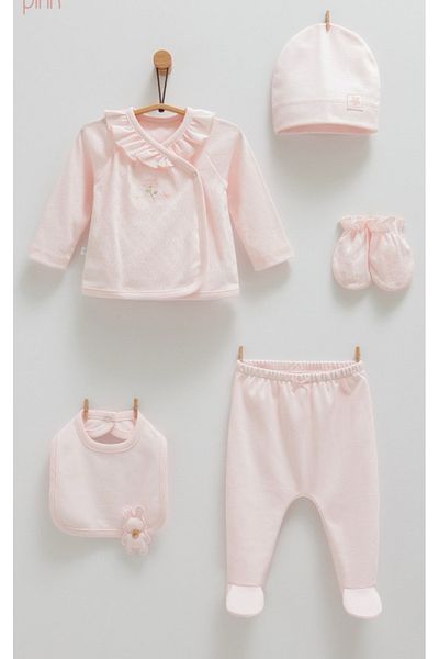 Caramell Hospital Release Baby Girl 5 Piece Zibin Set with Flower Pattern (Top Zibin Pants Hat Gloves Apron)0-3 Months