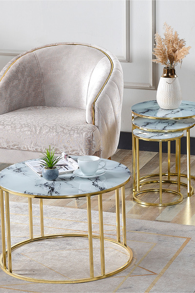 SEDAŞ LIVING UNITS 4 Lü Beyaz Mermer Temperli Kırılmaz Cam Gold Metal Ayaklı ...