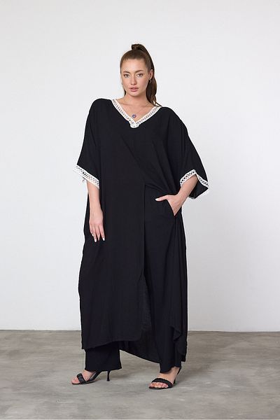 Denismoda Set de două piese pentru damă, lungime lungă, guler din dantelă