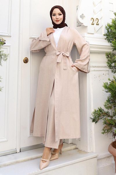 Modamihram Epaulet Detailed Kimono Suit Beige 19253