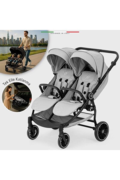 Elele Gemelli Yan Yana İkiz Bebek Arabası Gri
