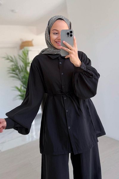 Ka Hijab Slit Detail Balloon Sleeve Set - Black