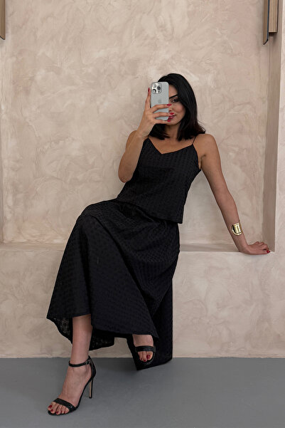 Ortaya Çık Black Scallop Fabric Blouse Skirt Set