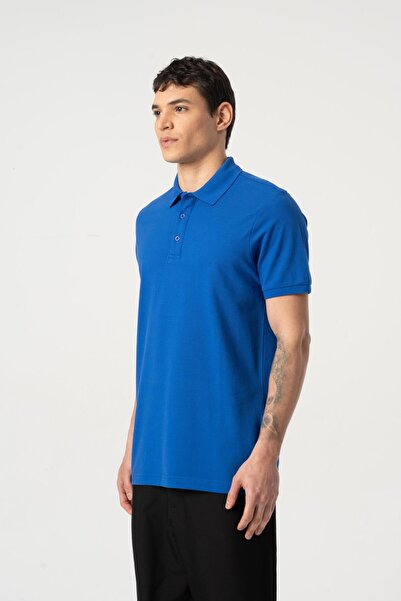 MFY Fashion 100% Cotton Pique Soft Texture Breathable Fabric Non-Curling Collar Polo Neck T-Shirt Sax Blue