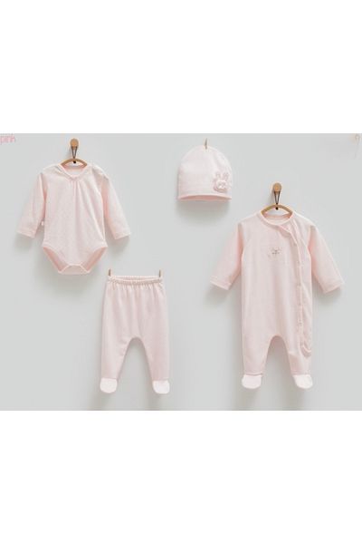 Caramell Hospital Release Baby Girl 4-Piece Zibin Set (Body Jumpsuit Pants Hat) with Flower Detail