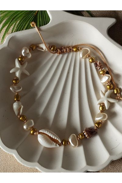 Amabel Jewelerys Gold Women's Anklet with Mussel Shell, Pearl and Starfish Detail