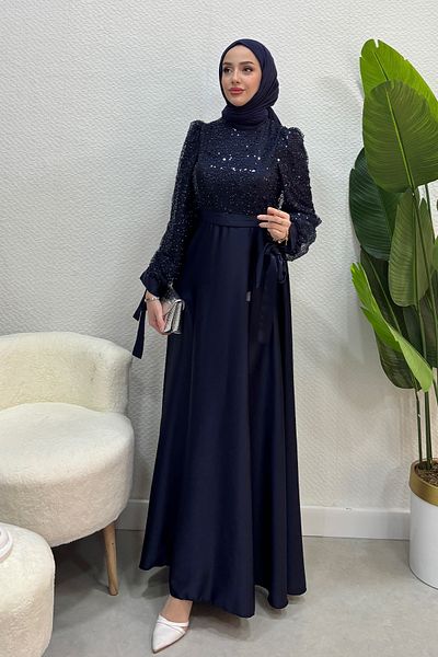 Abiye Diyarı Women's Paris Model Upper Stone Sequin Skirt Part Satin Evening Dress-Navy Blue