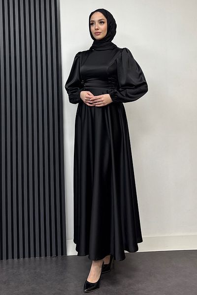 Abiye Diyarı Satin Evening Dress with Side Drawstring-Black
