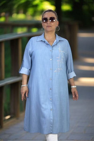 yagmurberen Stone Patterned Folding Sleeve Detail Front Buttoned Organic Cotton Large Size Shirt Tunic Dress
