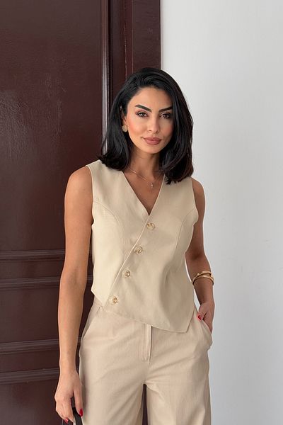 Ortaya Çık Beige Design Vest Pants Bottom Top Set