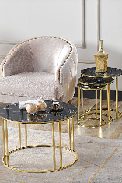 SEDAŞ LIVING UNITS 4 Lü Siyah Mermertemperli Kırılmaz Cam Gold Metal Ayaklı C...