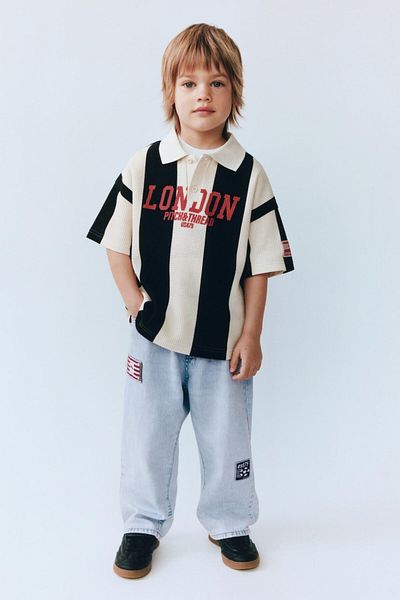 Magu Boys' Cotton Striped London Letter T-Shirt and Embroidered Jean Set