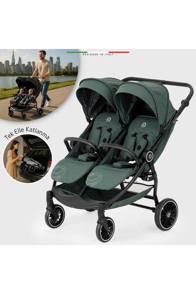 Elele Gemelli Yan Yana İkiz Bebek Arabası Yeşil