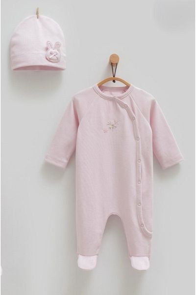 Caramell Hospital Release Baby Girl 4-Piece Zibin Set (Body Jumpsuit Pants Hat) with Flower Detail