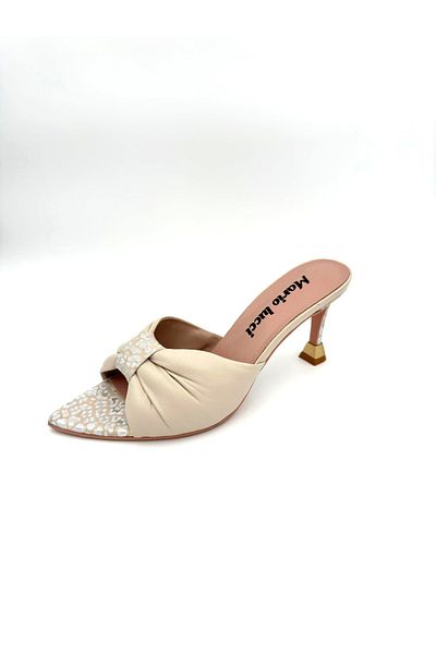 Mariolucci Women's Heeled Slippers Beige Genuine Leather [Leopard Pattern]