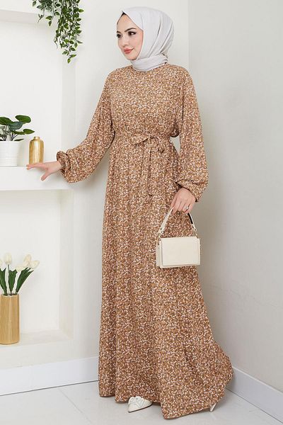 hafsamina Crispy Floral Patterned Summer Viscose Dress Mink Hm2717