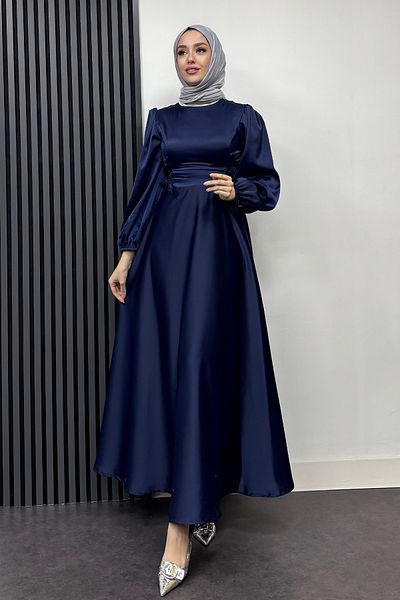 Abiye Diyarı Satin Evening Dress with Side Drawstrings - Navy Blue