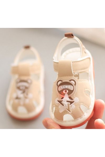 Superbaby Sandalute ivoire cu piuitoare - Ursulet cu led