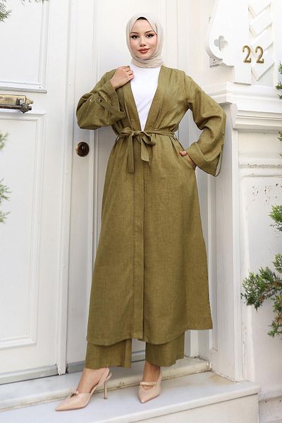 Modamihram Epaulet Detailed Kimono Suit Khaki 19253
