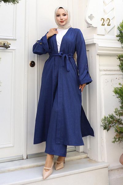 Modamihram Epaulet Detailed Kimono Set Indigo 19253