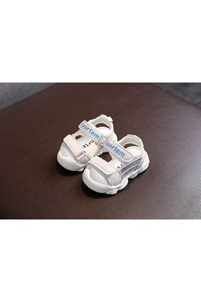 Superbaby Sandale albe cu dungi cu sclipici lila si bleu