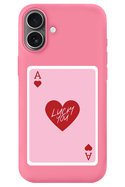 WANNA PROTECT iPhone 16 Pembe İçi Kadife Lucky You Desenli Silikon Telefon Kı...