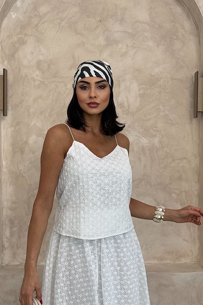Ortaya Çık White Scallop Fabric Blouse Skirt Set