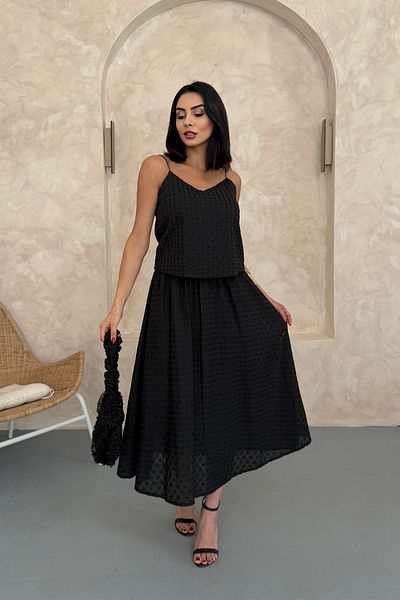 Ortaya Çık Black Scallop Fabric Blouse Skirt Set