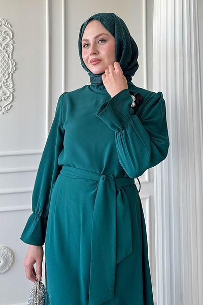 InStyle Flower Brooch Detail Belted Emerald Green Dress