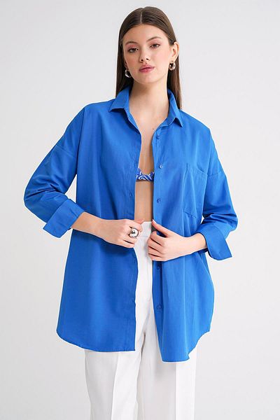 Mixray 4053 Cămașă de bază oversize pentru femei cu un singur buzunar, albastru