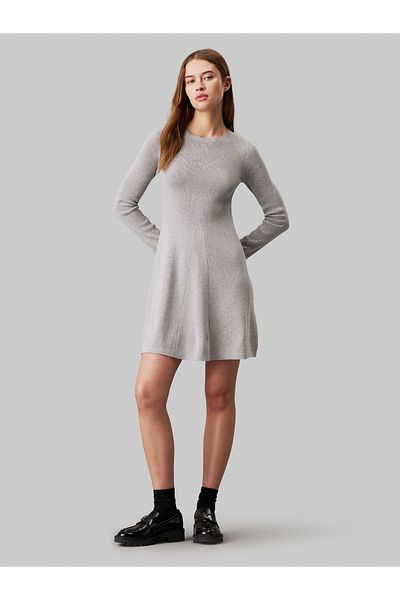 Calvin Klein Women Grey Heather Ribbed Cotton Flared Jumper Dress
