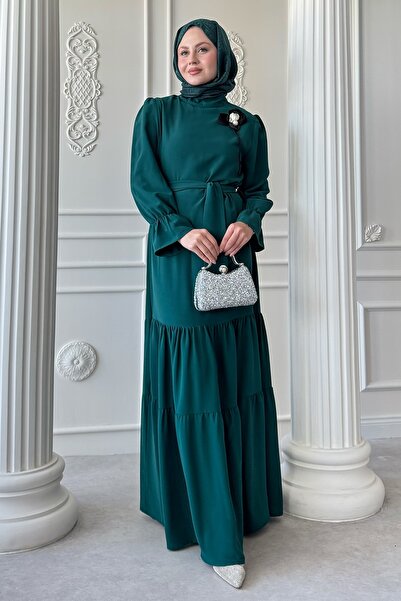 InStyle Σμαραγδένιο Πράσινο Φόρεμα με λεπτομέρεια λουλουδιών και ζωνάκι