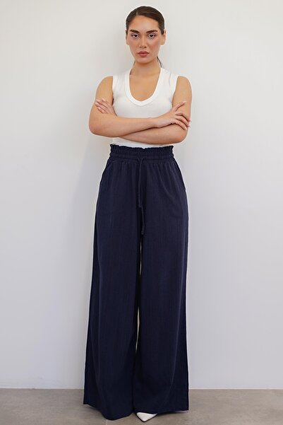 Madmext Navy Blue High Waist Wide Leg Trousers Mg2408