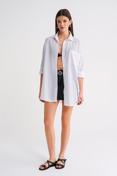 Mixray 4053 Γυναικείο πουκάμισο μονής τσέπης Oversize Basic Λευκό