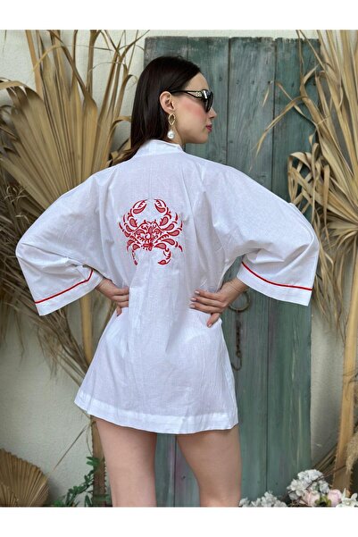 NUNE Beyaz Keten Karışımlı Kırmızı Nakış Işleme Mini Plaj Bağlamalı Gömlek Ki...