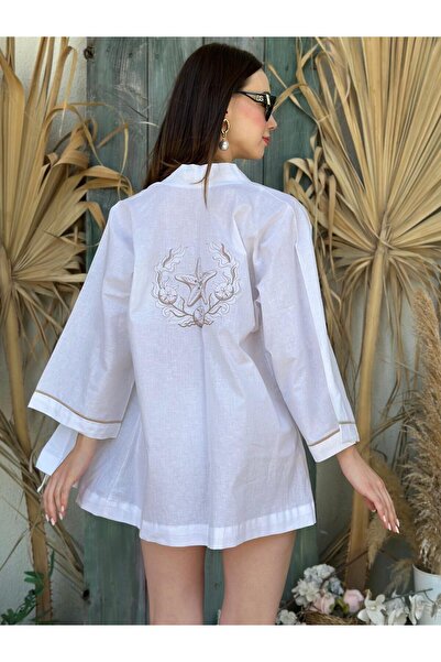 NUNE Beyaz Keten Karışımlı Bej Nakış Işleme Bağcıklı Mini Plaj Gömlek Kimono