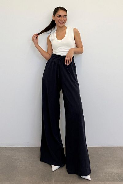 Madmext Navy Blue High Waist Wide Leg Trousers Mg2408