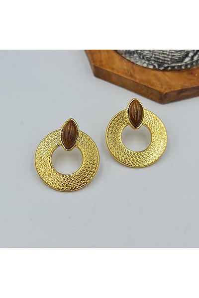 SE Jewellery Collection Selin Ersoy Gold Color Wooden Look Drop Stone Detailed Nail Earrings