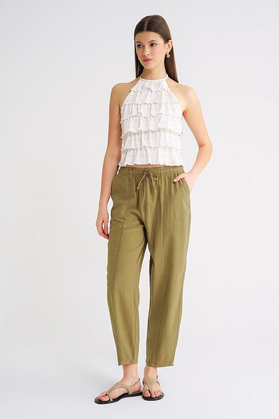 Mixray 4436 Γυναικείο λινό ριγέ παντελόνι Shalwar Khaki