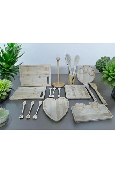 BuMeria 17 Piece Wooden Bamboo Dowry Set Breakfast, Snack, Cutting and Presentation Wooden Spoon Set