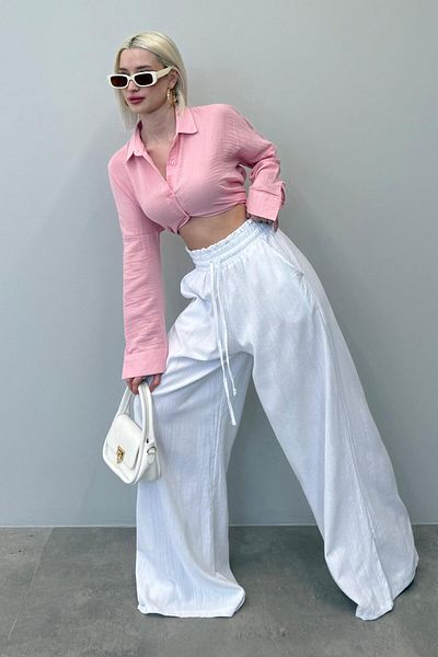 Madmext White High Waist Wide Leg Pants Mg2408