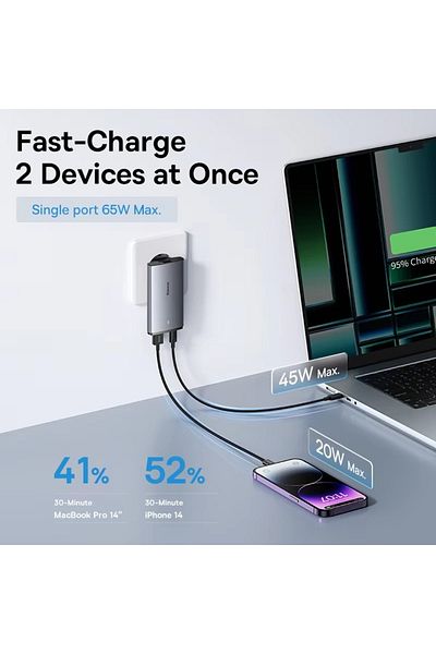 Baseus Gan5 Pro Ultra-slim Fast Charger C U 65w Uk/eu/us Adapter Plug With 100w Usb C Cable - Grey