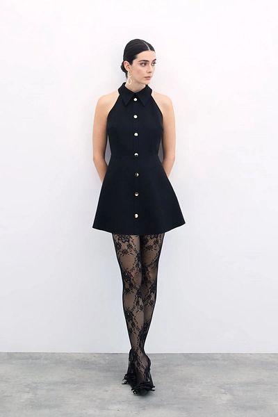 Sateen Snap Fastener Short Dress - Black