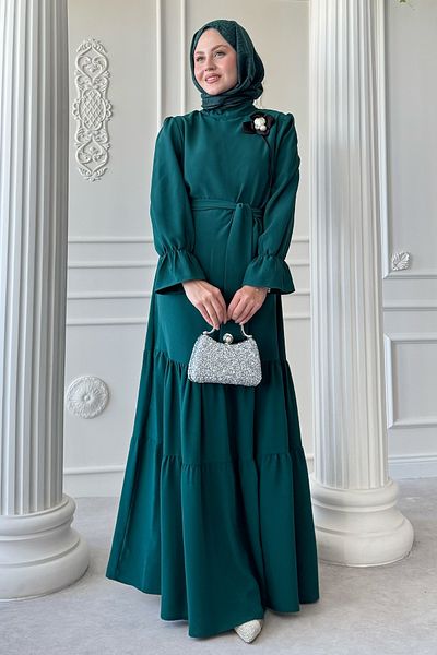 InStyle Flower Brooch Detail Belted Emerald Green Dress
