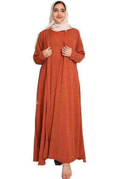 HAWRAA Wrap Quarter Klush Abaya in Orange with Striped Fabric and Dress Set